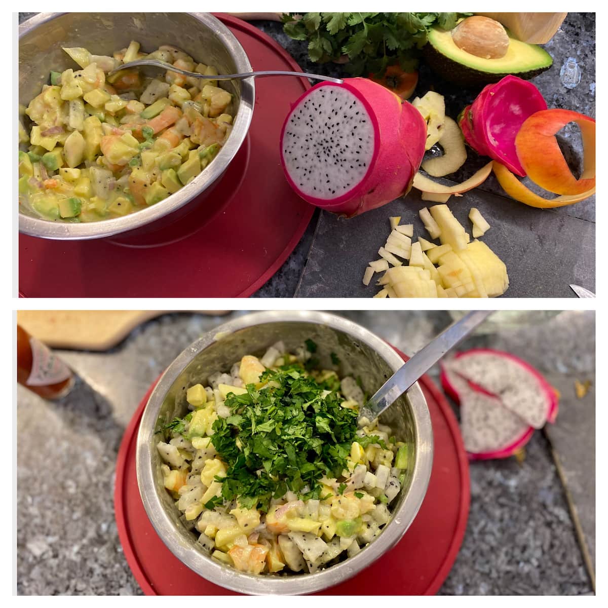 adding chopped apple, avocado, dragon fruit and fresh coriander (cilantro) to a shrimp cocktail