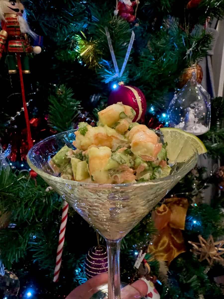 cocktail glass presentation of a prawn cocktail