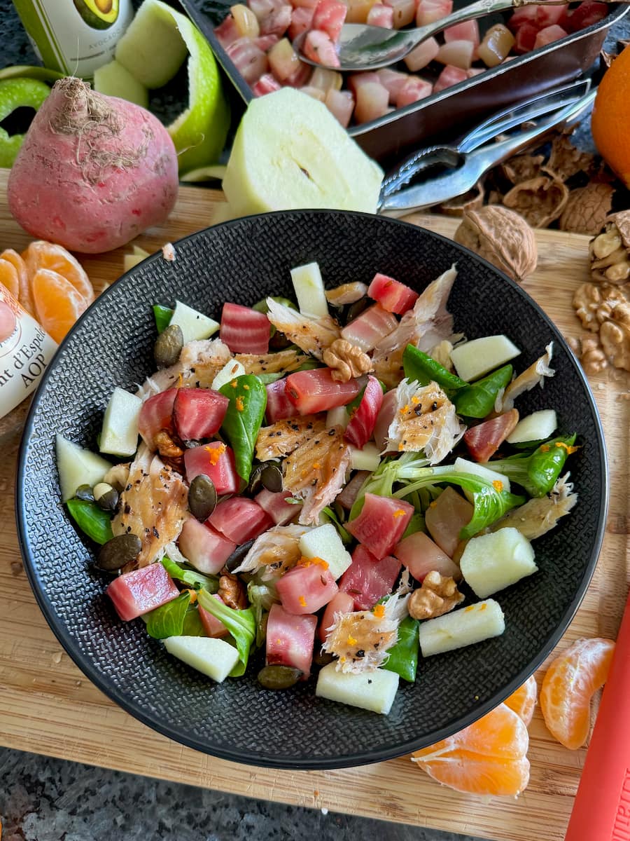 chopped roast beetroot tossed together with apple, smoked mackerel, seeds, nuts and orange