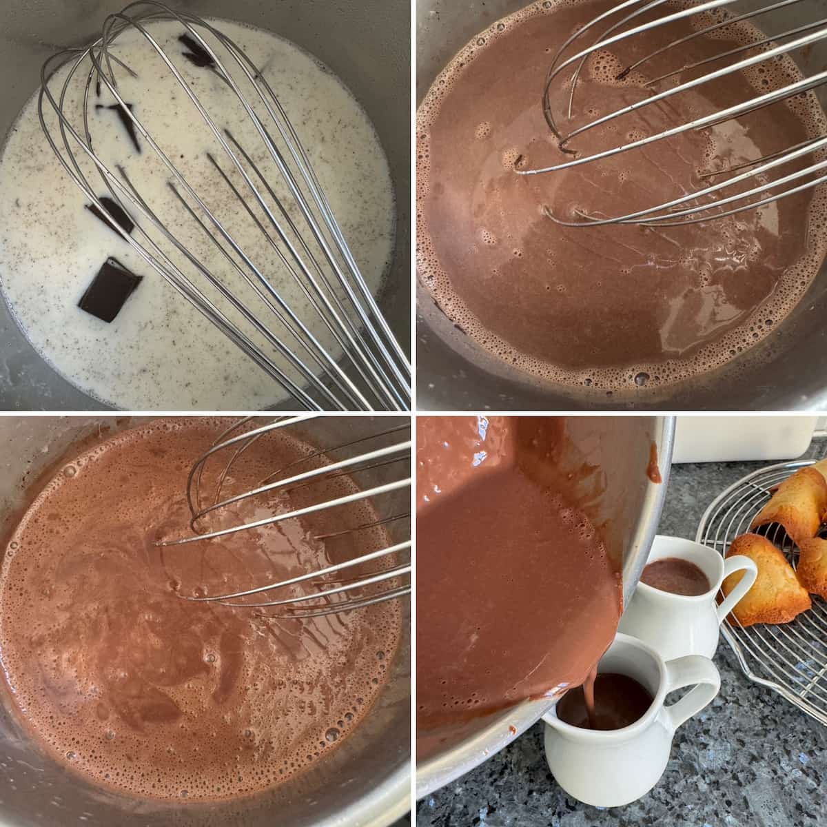 four steps showing the recipe how to make French hot chocolate