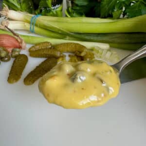 spoonful of homemade Tartar sauce with gherkins, onion and caper ingredients in background