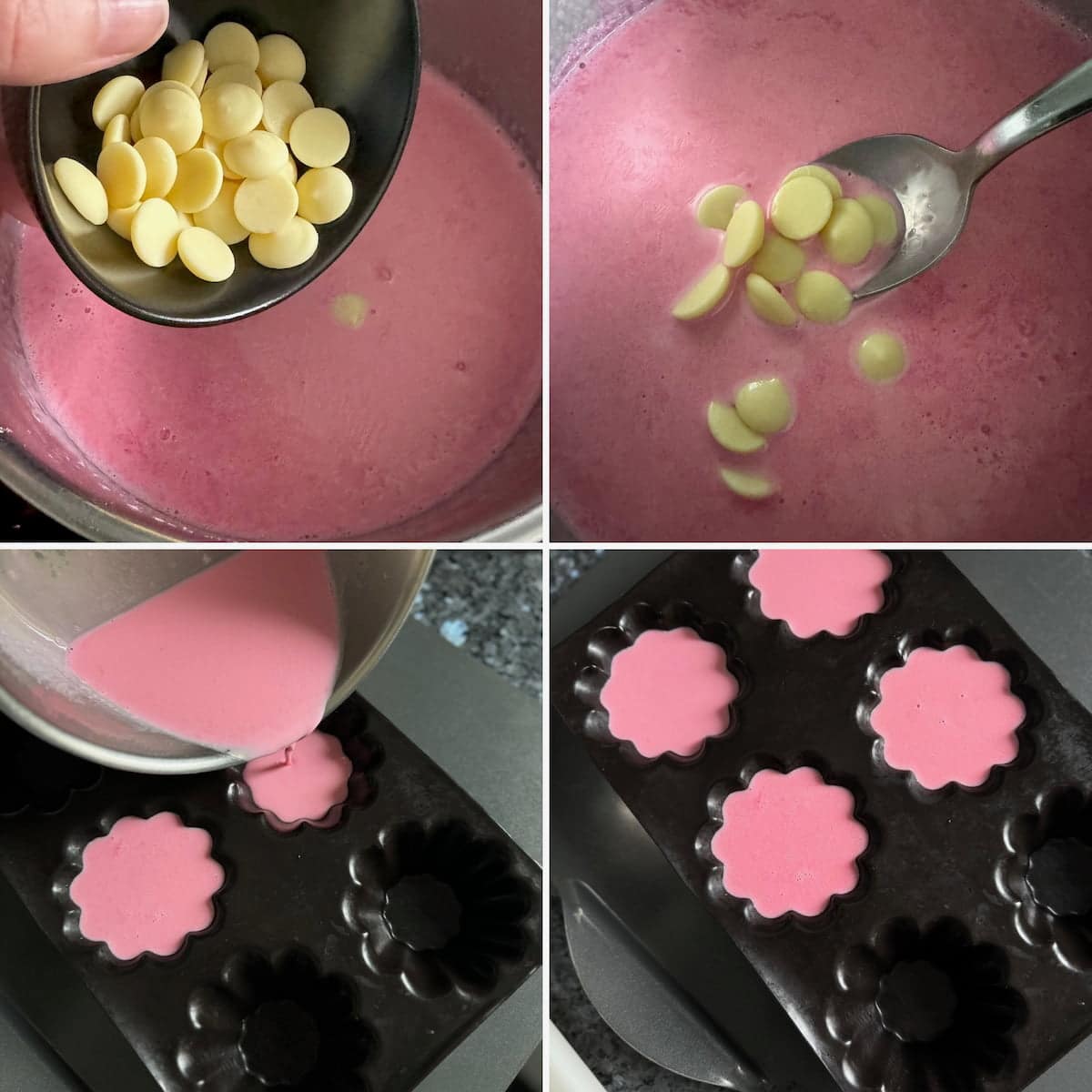 recipe steps to cook cream, add white chocolate and pour into moulds