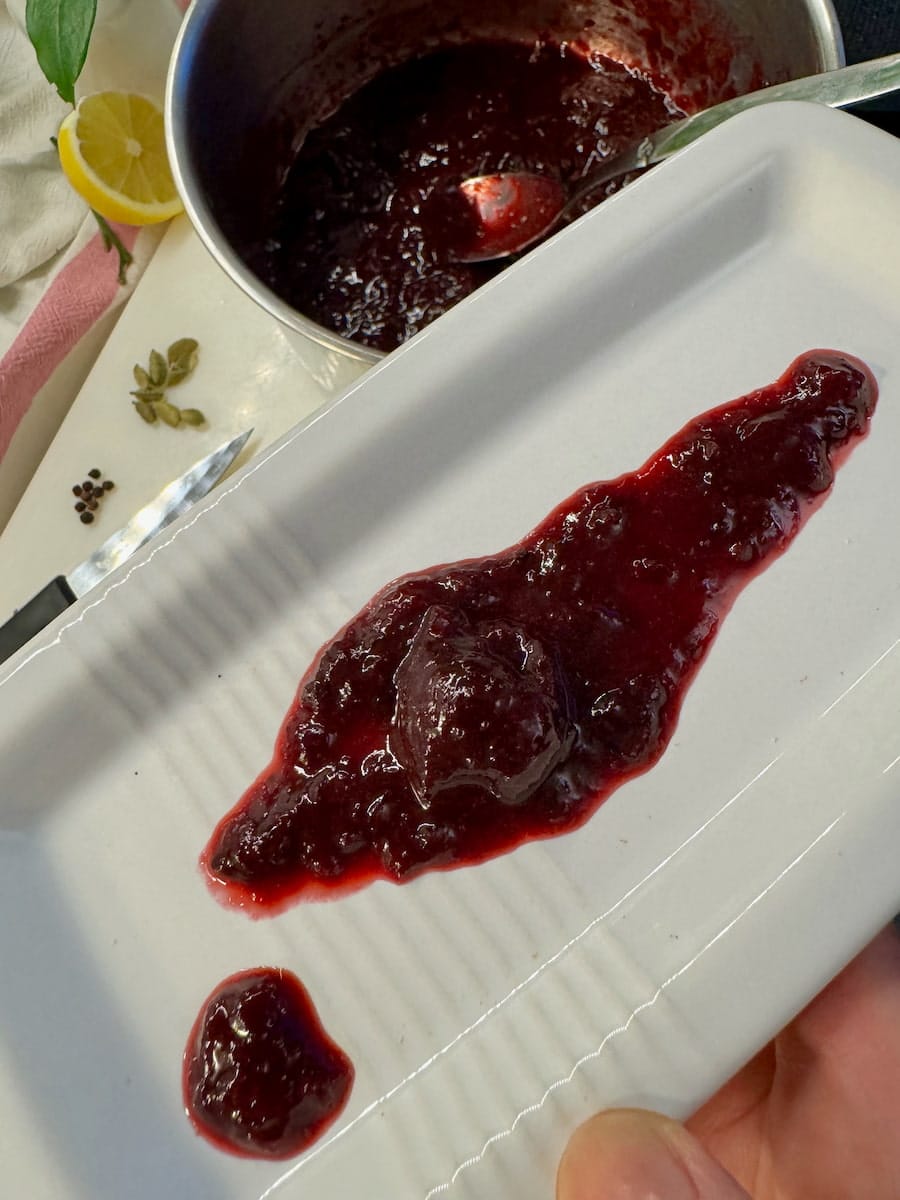 a plate of smooth cherry sauce with cardamom pods and pepper