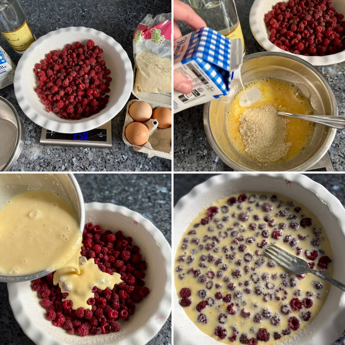 4 easy recipe steps to make a raspberry clafoutis - just pour over the egg, cream, sugar and ground almonds batter and bake