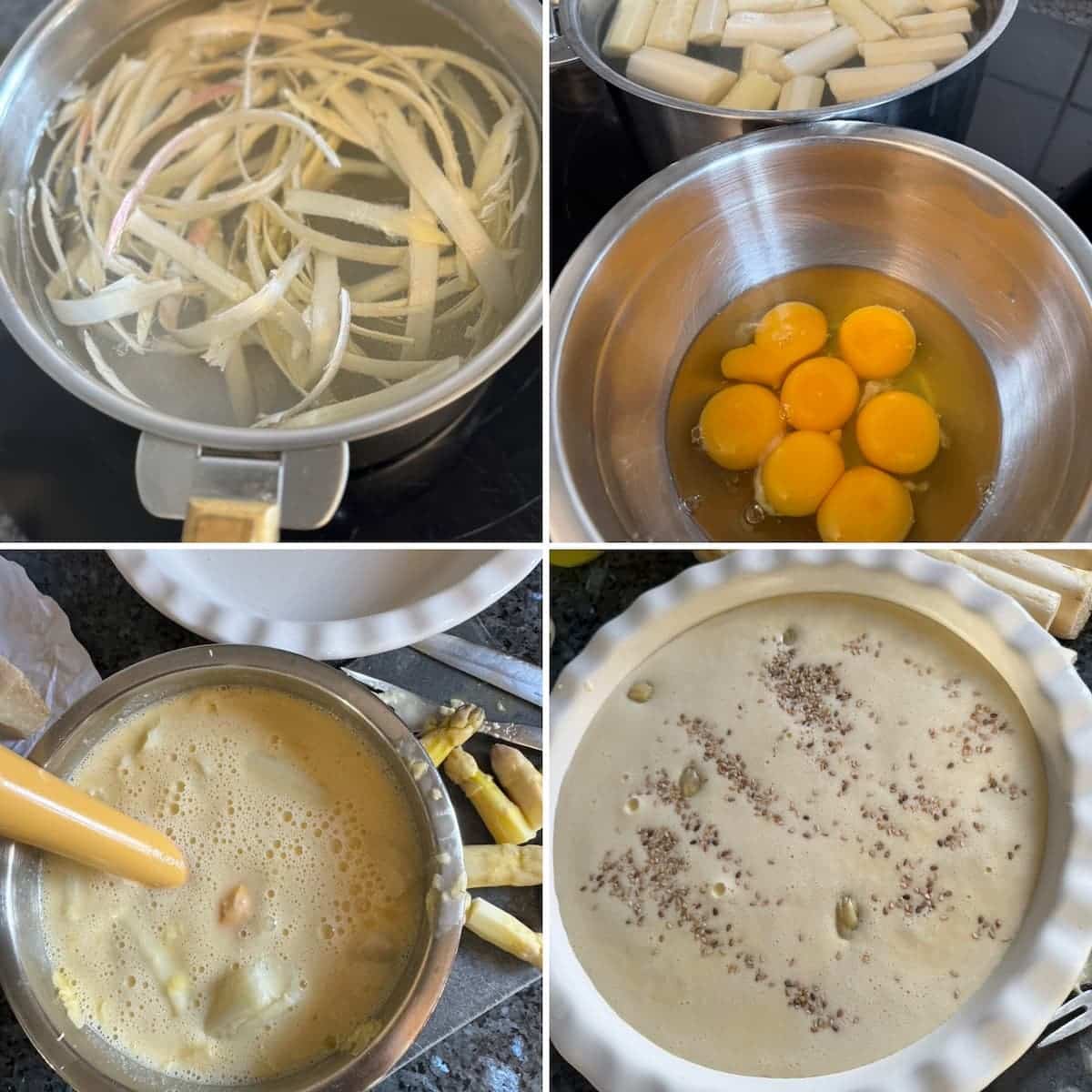 preparing a savoury clafoutis with asparagus, cooking spear chunks then mixing together with eggs, yolks and cream