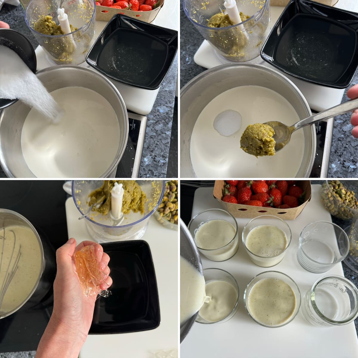 4 recipe steps to making pistachio panna cotta creams - measure out cream and milk, add sugar, pistachio paste and squeeze in the gelatine sheets.