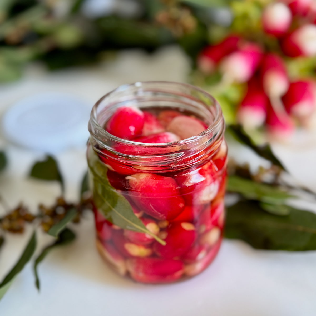 jar of bright pink pickled radishes with bay leaves