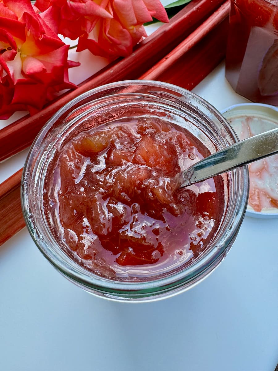 low sugar rhubarb jam with a hint of rose