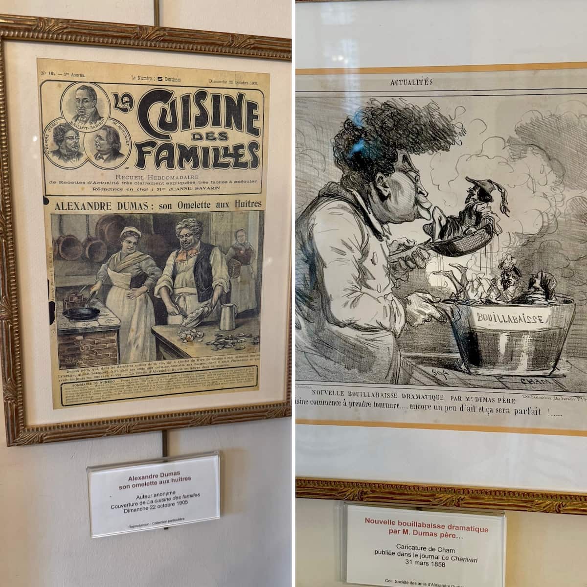 Alexandre Dumas newspaper articles and photos of him cooking and a cartoon of Bouillabaisse