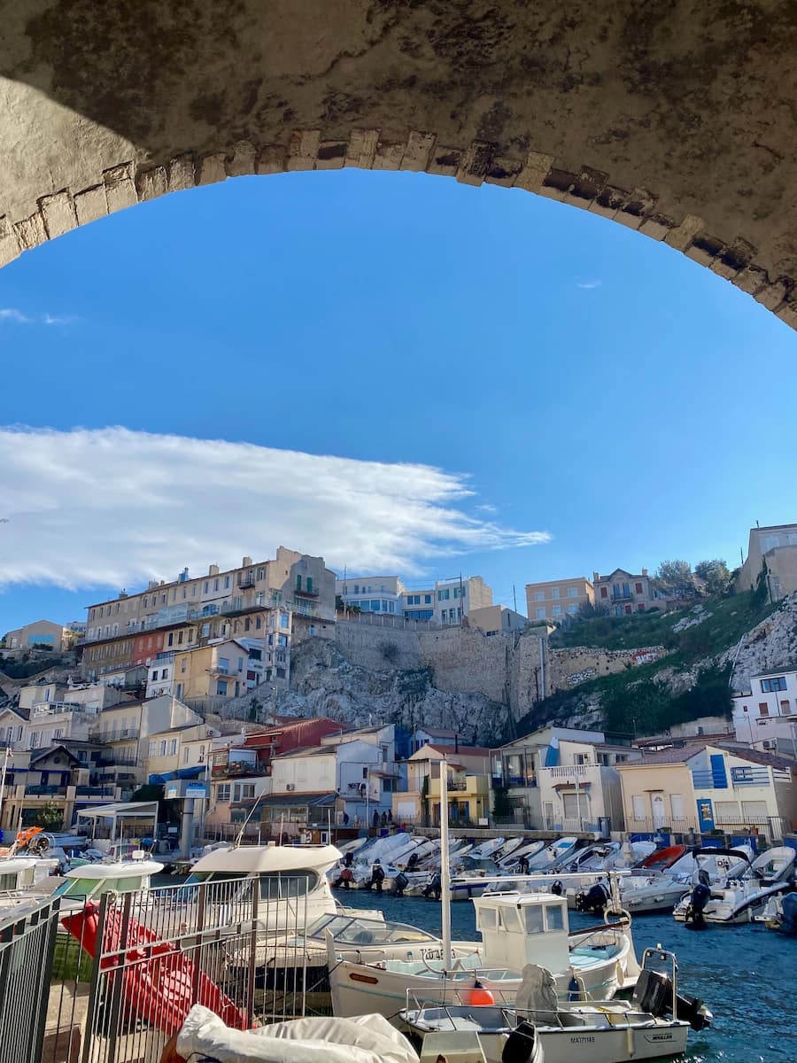 view of the fishing village of Vallon des Auffes under the bridge in Marseille