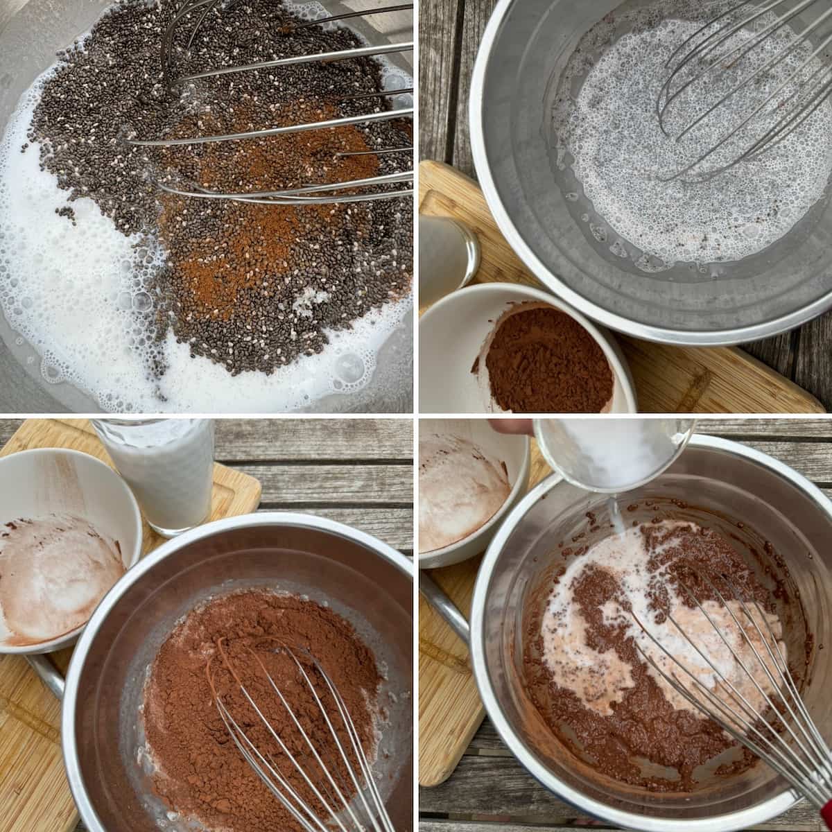 whisking chia seeds into milk to avoid lumps then adding cocoa powder and rest of the milk