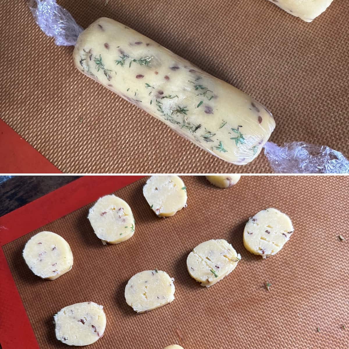 rolling out cheese biscuit dough into a cylinder in cling film to avoid using a cutter