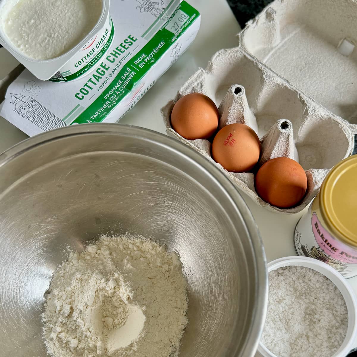 three main ingredients of cottage cheese, eggs and flour plus seasoning
