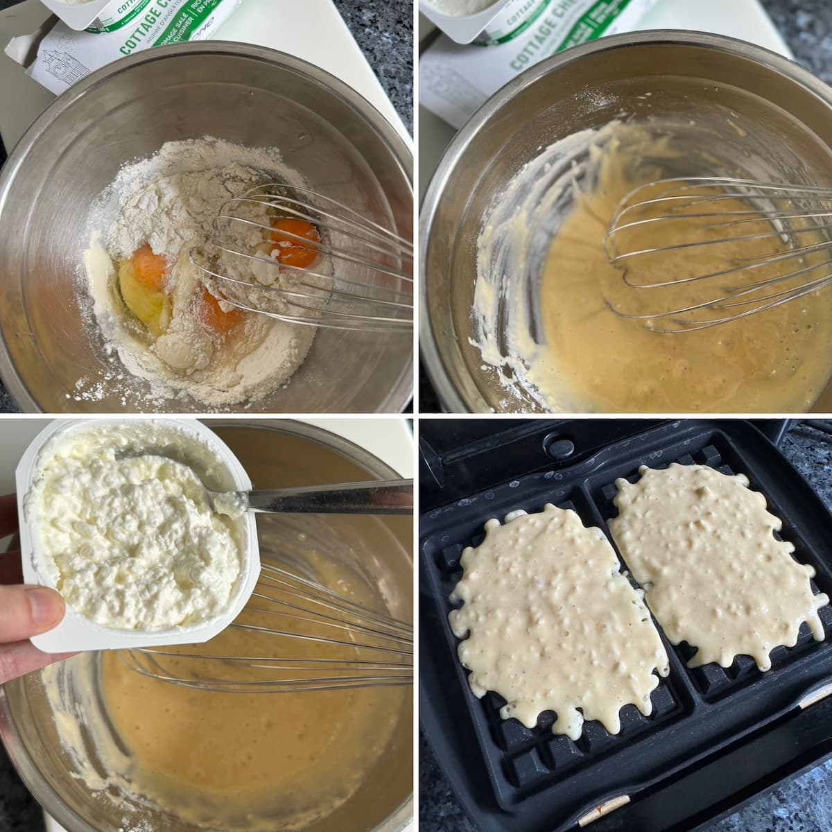 four recipe steps of beating eggs into flour until smooth, mixing in cottage cheese then ladel on a hot waffle iron