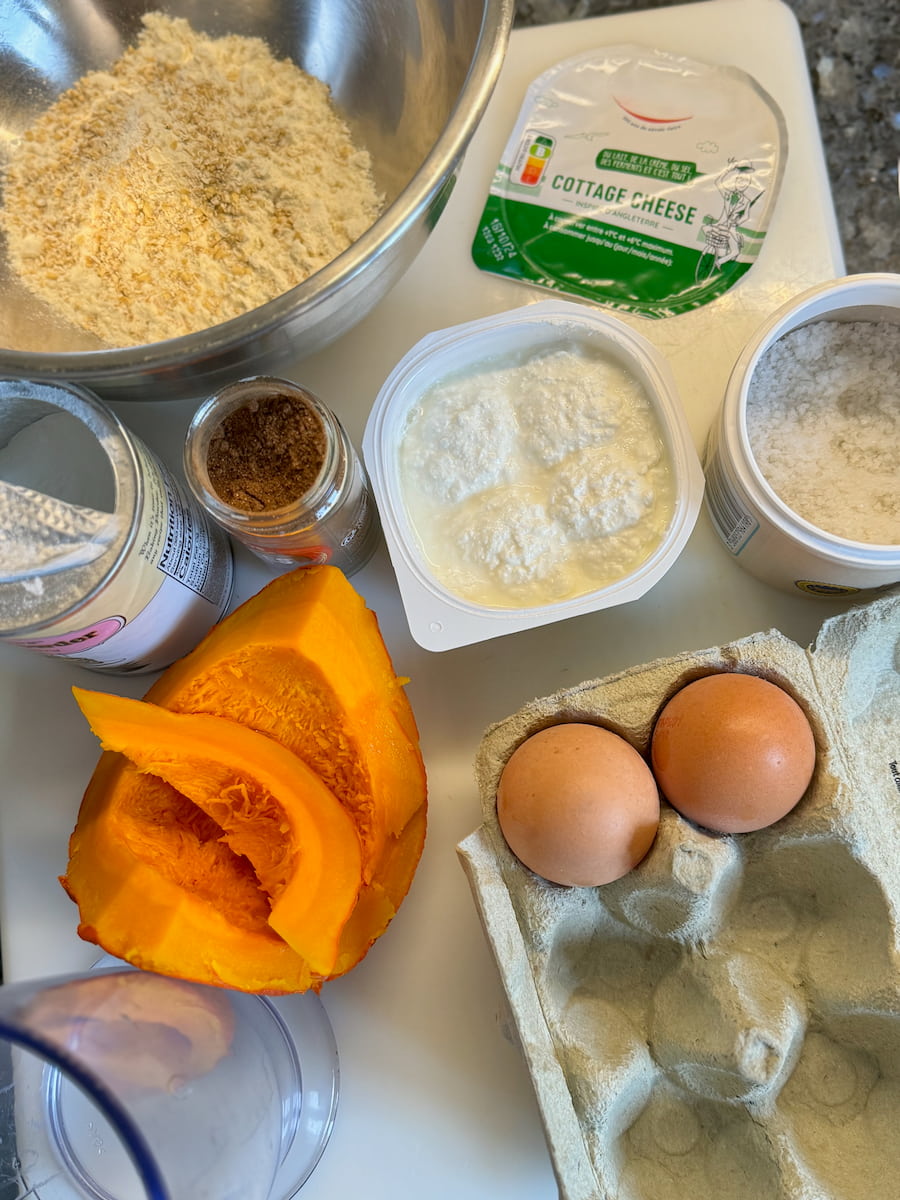 ingredients laid out to make cottage cheese pancakes with pumpkin