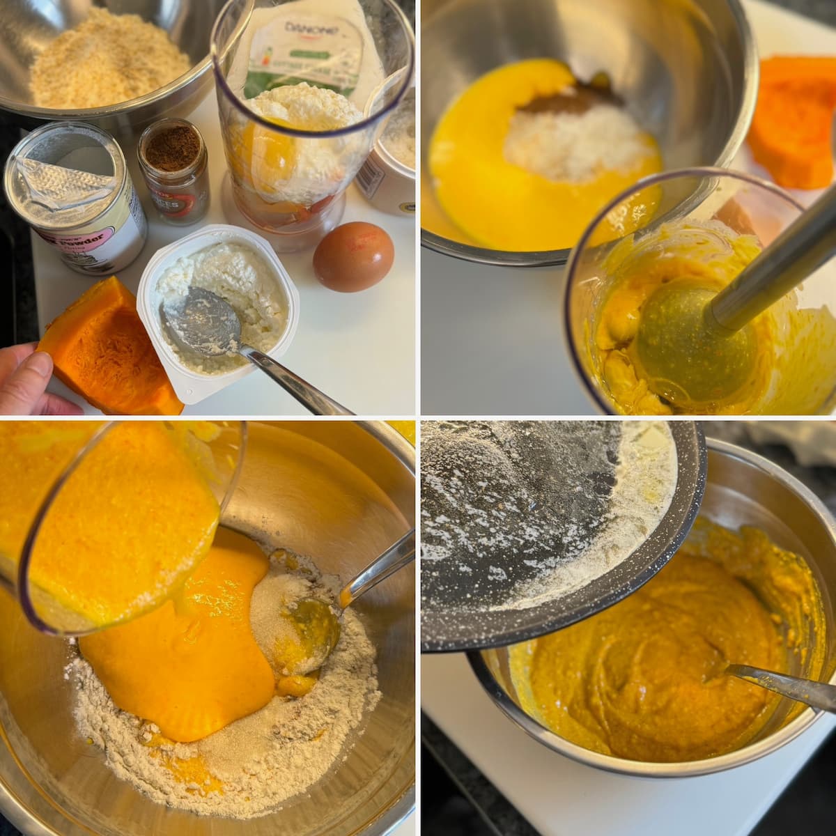 recipe steps showing mixing eggs, cottage cheese, flour and pumpkin puree together