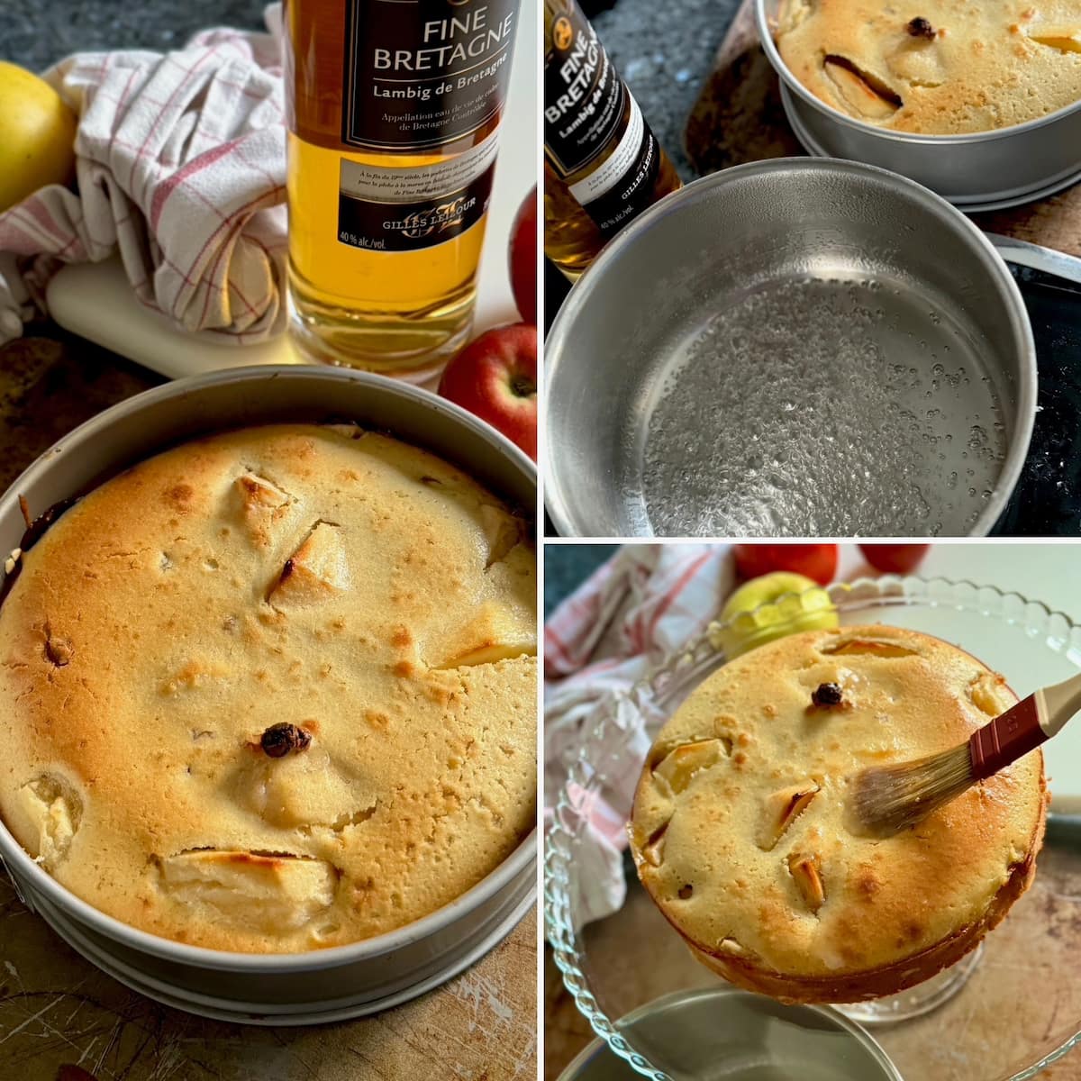 recipe steps adding an apple liqueur syrup to glaze a round cake