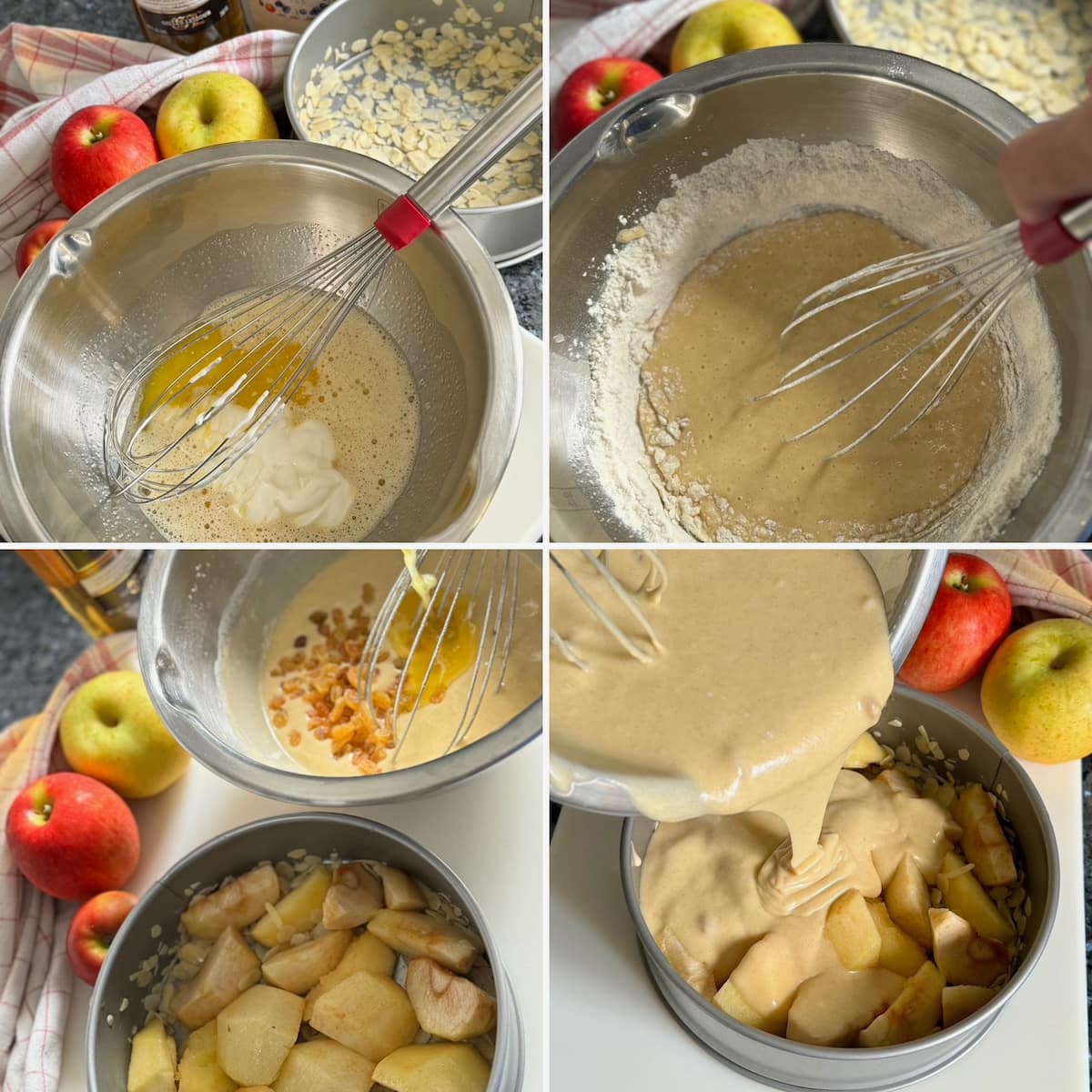 four recipe steps showing baked apples in a tin lined with flaked almonds and whisking batter with eggs, flour, raisins, sugar and cream