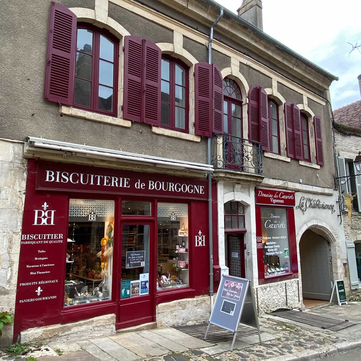 Burgundy shopfront of a biscuit shop in Vezelay France