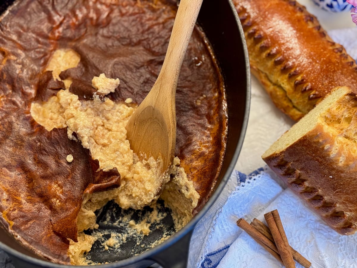 Creamy baked rice pudding known as la Tuergoule in France, served with le Fallue brioche