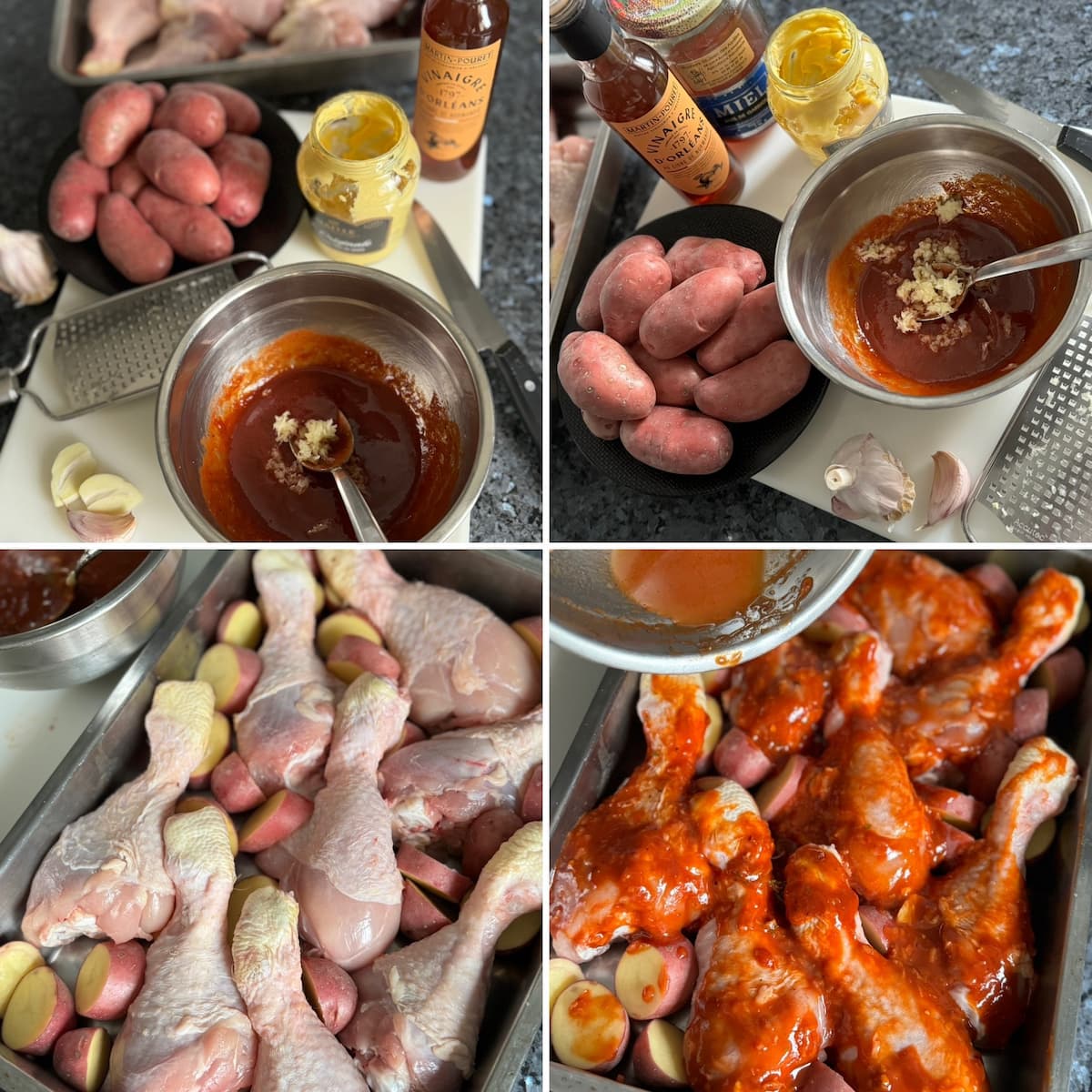four recipe steps showing how to make a homemade BBQ sauce then pouring it over chicken drumsticks and sliced potatoes in a roasting tin