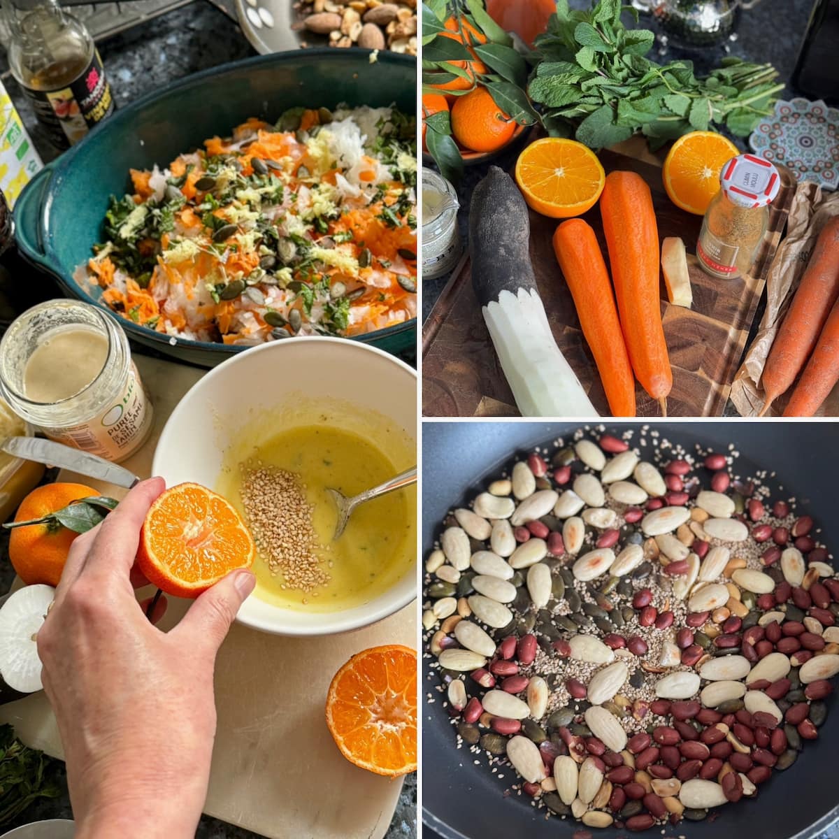 making a salad dressing with canola oil, sesame seed paste and freshly squeezed orange for a raw carrot salad