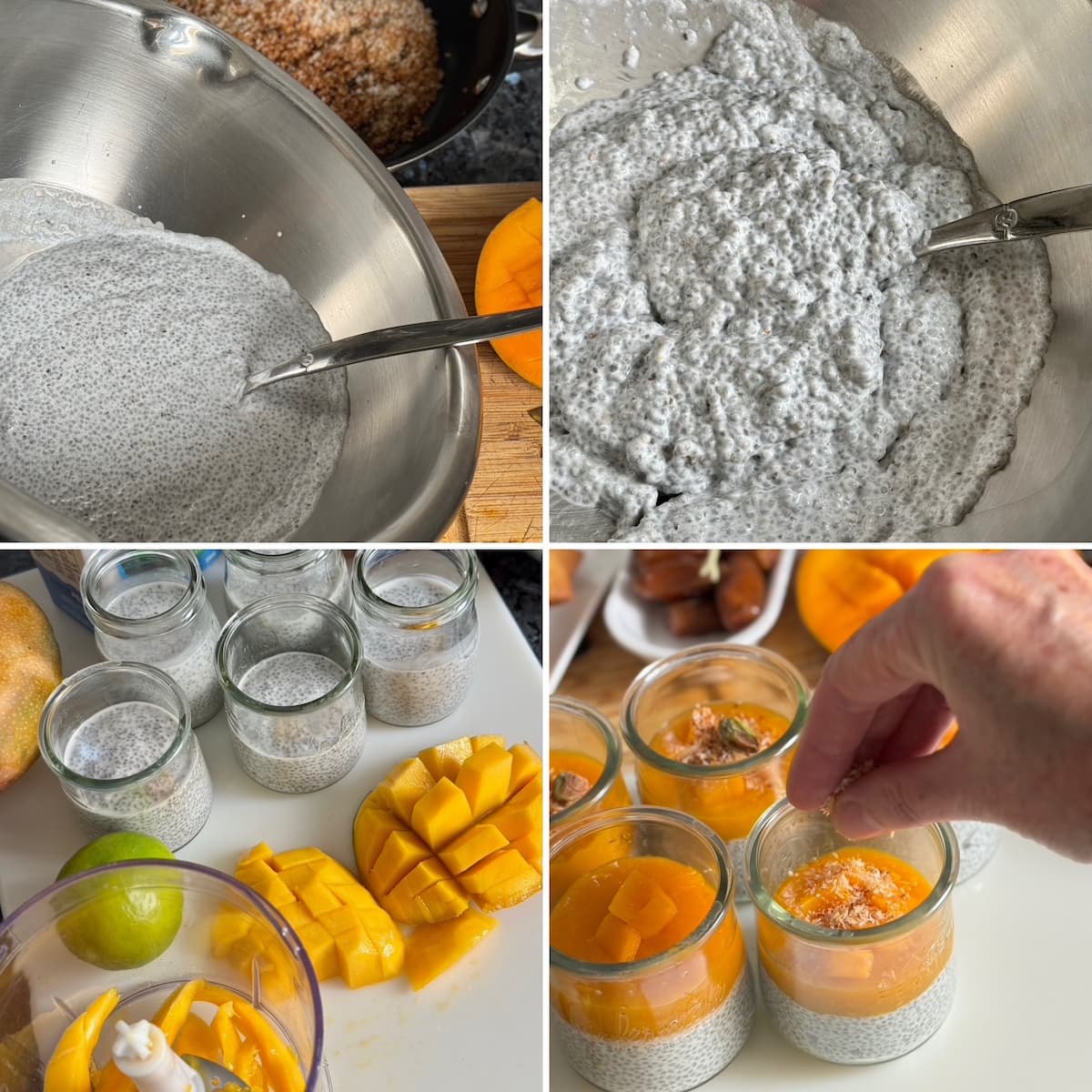 mixing chia seeds with thick coconut milk to thicken then preparing mango sauce to top on each little pot