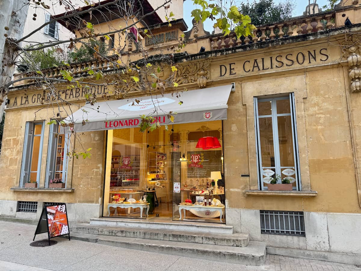 elegant storefront of a confectionary shop in Aix selling calissons