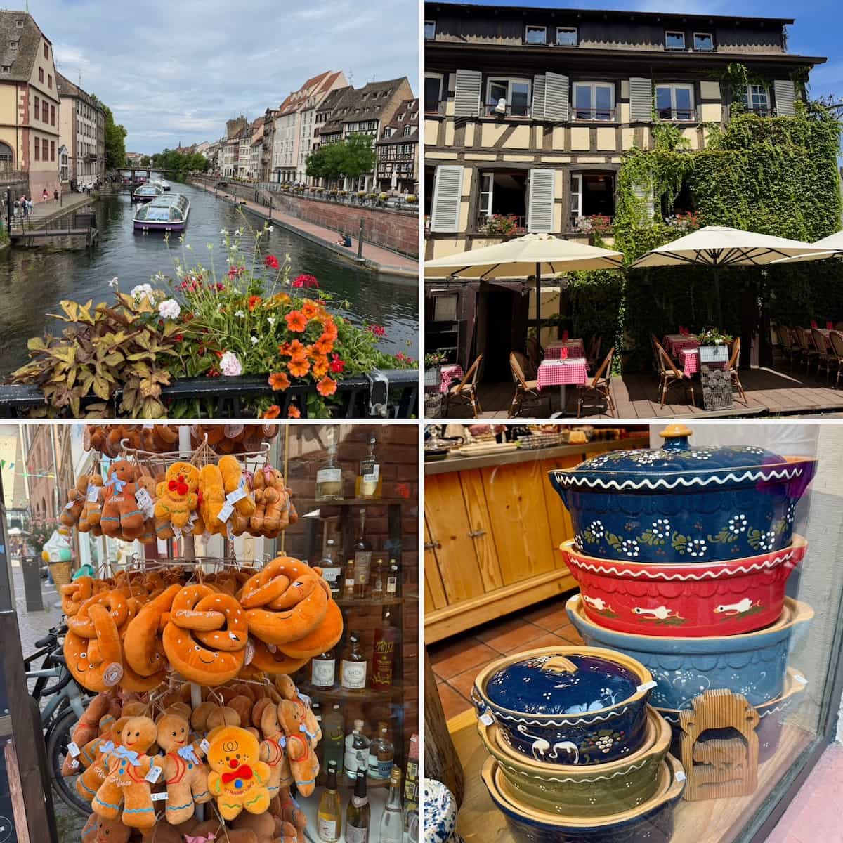 Strasbourg on the Ill river, restaurants, soft toy bretzel and gingerbread men and stew dishes