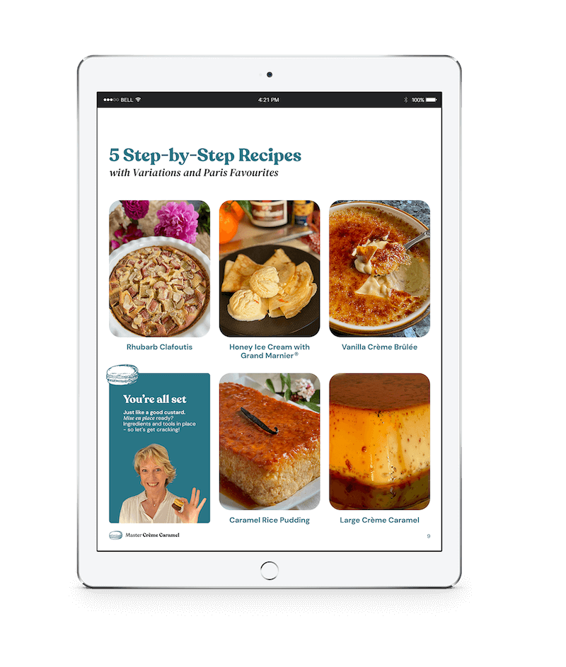 ipad screen showing 5 French custard dessert recipes in the e-book Master Crème Caramel by Jill Colonna