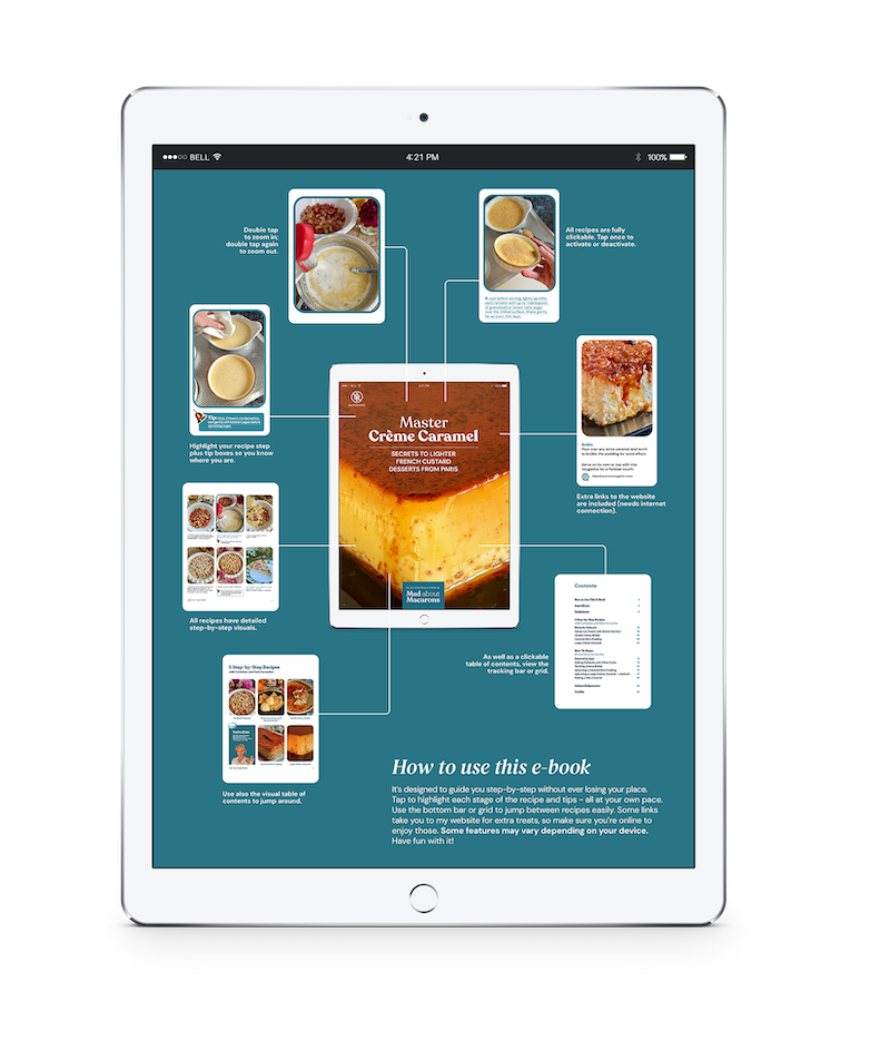 a screen on tablet showing how to read the e-book, Master Crème Caramel by Jill Colonna