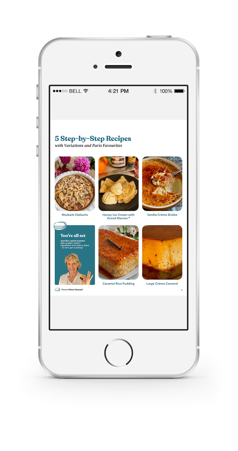 mobile phone showing five custard recipes in the ebook, Master Crème Caramel by Jill Colonna