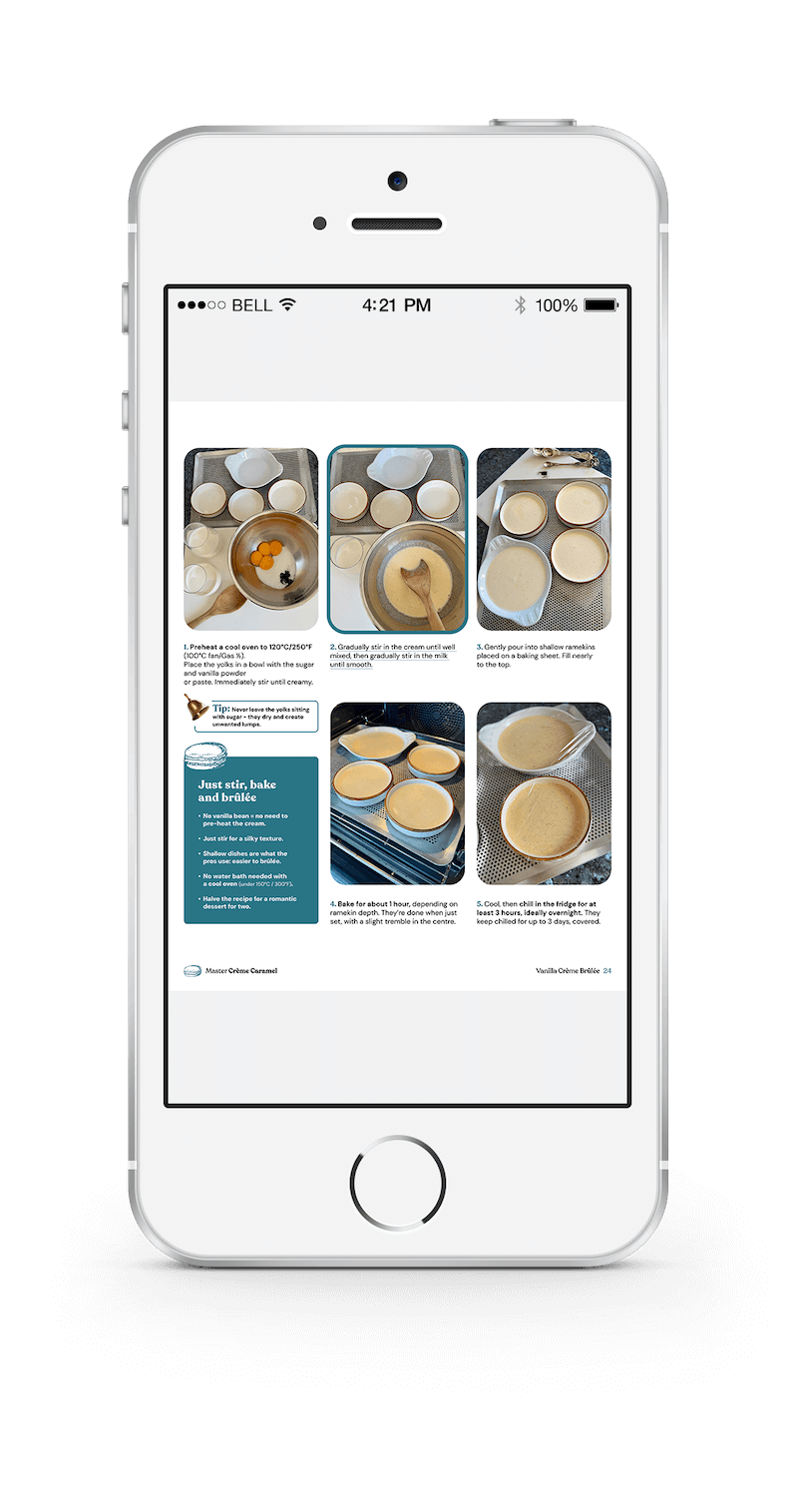step by step crème brûlée recipe e-book page on a mobile phone showing a step highlighted so you don't lose your place
