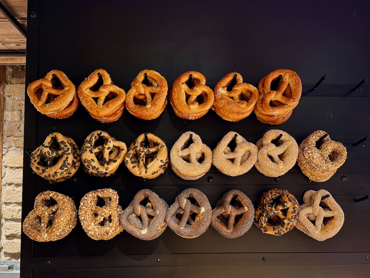 bretzels in a Strasbourg bakery topped with salt or seeds