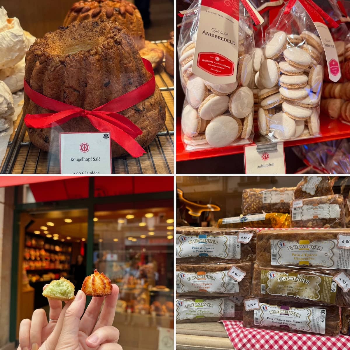 various sweet treats in Strasbourg with Kougelhopf, macarons, aniseed biscuits and gingerbread